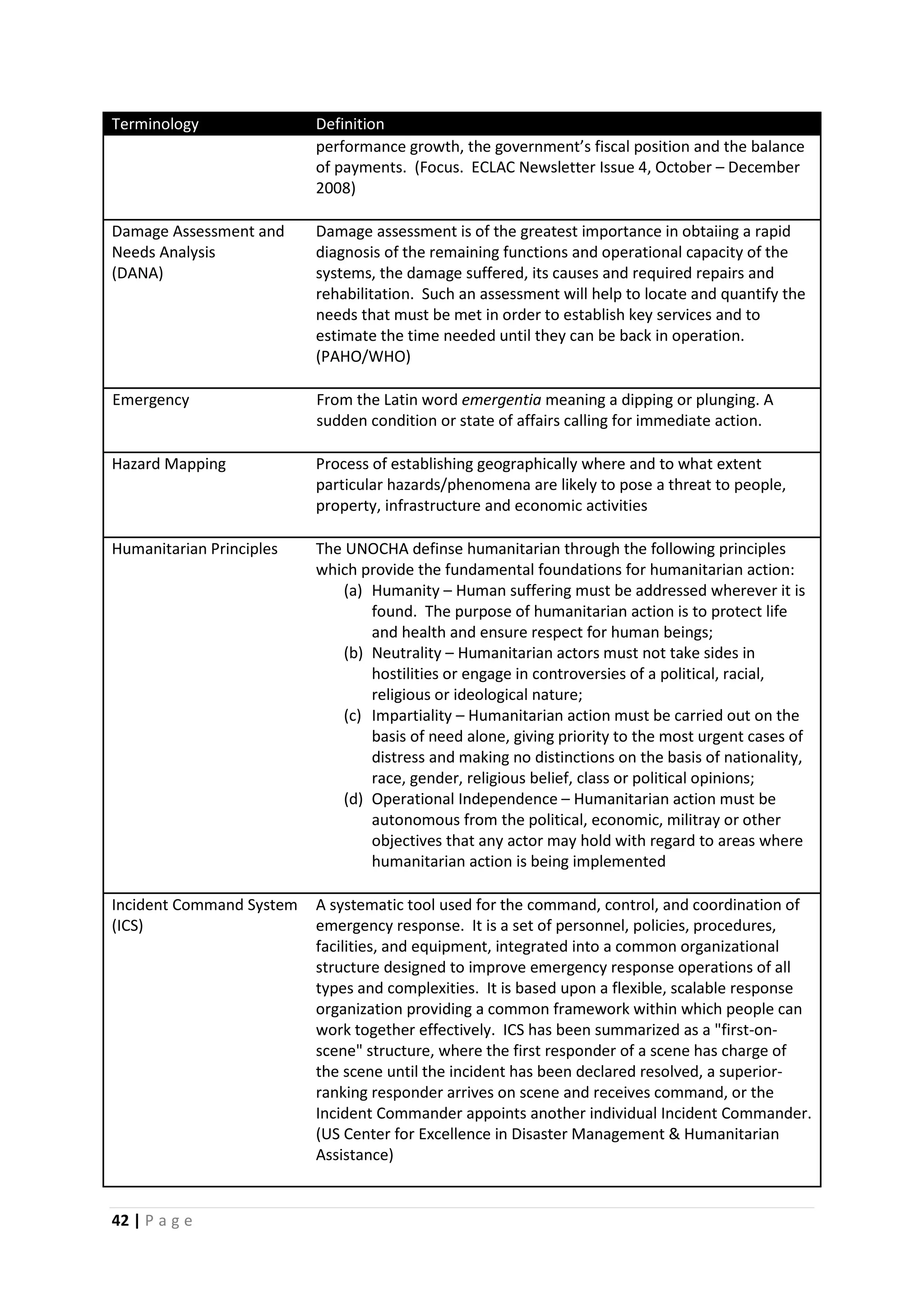 42 | P a g e
Terminology Definition
performance growth, the government’s fiscal position and the balance
of payments. (Focus. ECLAC Newsletter Issue 4, October – December
2008)
Damage Assessment and
Needs Analysis
(DANA)
Damage assessment is of the greatest importance in obtaiing a rapid
diagnosis of the remaining functions and operational capacity of the
systems, the damage suffered, its causes and required repairs and
rehabilitation. Such an assessment will help to locate and quantify the
needs that must be met in order to establish key services and to
estimate the time needed until they can be back in operation.
(PAHO/WHO)
Emergency From the Latin word emergentia meaning a dipping or plunging. A
sudden condition or state of affairs calling for immediate action.
Hazard Mapping Process of establishing geographically where and to what extent
particular hazards/phenomena are likely to pose a threat to people,
property, infrastructure and economic activities
Humanitarian Principles The UNOCHA definse humanitarian through the following principles
which provide the fundamental foundations for humanitarian action:
(a) Humanity – Human suffering must be addressed wherever it is
found. The purpose of humanitarian action is to protect life
and health and ensure respect for human beings;
(b) Neutrality – Humanitarian actors must not take sides in
hostilities or engage in controversies of a political, racial,
religious or ideological nature;
(c) Impartiality – Humanitarian action must be carried out on the
basis of need alone, giving priority to the most urgent cases of
distress and making no distinctions on the basis of nationality,
race, gender, religious belief, class or political opinions;
(d) Operational Independence – Humanitarian action must be
autonomous from the political, economic, militray or other
objectives that any actor may hold with regard to areas where
humanitarian action is being implemented
Incident Command System
(ICS)
A systematic tool used for the command, control, and coordination of
emergency response. It is a set of personnel, policies, procedures,
facilities, and equipment, integrated into a common organizational
structure designed to improve emergency response operations of all
types and complexities. It is based upon a flexible, scalable response
organization providing a common framework within which people can
work together effectively. ICS has been summarized as a "first-on-
scene" structure, where the first responder of a scene has charge of
the scene until the incident has been declared resolved, a superior-
ranking responder arrives on scene and receives command, or the
Incident Commander appoints another individual Incident Commander.
(US Center for Excellence in Disaster Management & Humanitarian
Assistance)
 