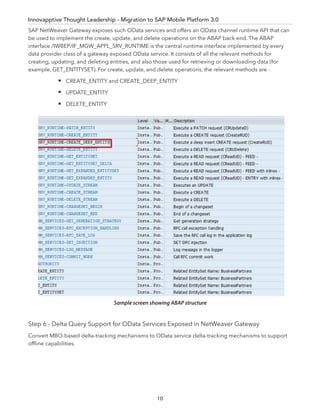 Innovapptive Thought Leadership - Migration to SAP Mobile Platform 3.0
10
SAP NetWeaver Gateway exposes such OData services and offers an OData channel runtime API that can
be used to implement the create, update, and delete operations on the ABAP back-end. The ABAP
interface /IWBEP/IF_MGW_APPL_SRV_RUNTIME is the central runtime interface implemented by every
data provider class of a gateway exposed OData service. It consists of all the relevant methods for
creating, updating, and deleting entities, and also those used for retrieving or downloading data (for
example, GET_ENTITYSET). For create, update, and delete operations, the relevant methods are -
CREATE_ENTITY and CREATE_DEEP_ENTITY
UPDATE_ENTITY
DELETE_ENTITY
Step 6 - Delta Query Support for OData Services Exposed in NetWeaver Gateway
Convert MBO-based delta-tracking mechanisms to OData service delta-tracking mechanisms to support
ofﬂine capabilities.
Sample screen showing ABAP structure
 