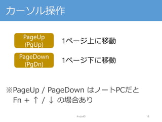 カーソル操作
※PageUp / PageDown はノートPCだと
Fn + ↑ / ↓ の場合あり
#nds40 18
PageUp
(PgUp)
1ページ上に移動
PageDown
(PgDn)
1ページ下に移動
 