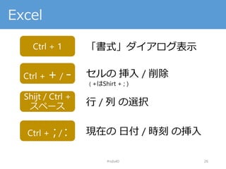 Excel
#nds40 26
Ctrl + 1 「書式」ダイアログ表示
Ctrl + + / - セルの 挿入 / 削除
( +はShirt + ; )
Shijt / Ctrl +
スペース 行 / 列 の選択
Ctrl + ; / : 現在の 日付 / 時刻 の挿入
 