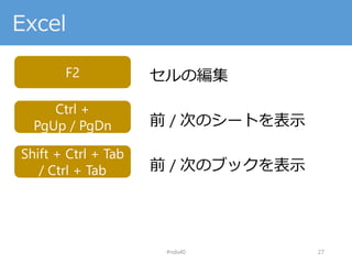 Excel
#nds40 27
F2 セルの編集
Ctrl +
PgUp / PgDn 前 / 次のシートを表示
Shift + Ctrl + Tab
/ Ctrl + Tab 前 / 次のブックを表示
 