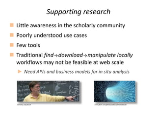 Supporting research
 Little awareness in the scholarly community
 Poorly understood use cases
 Few tools
 Traditional ...