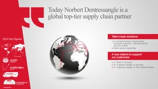 Today Norbert Dentressangle is a
global top-tier supply chain partner
42,500employees
10,800trucks*
€4.669 billionrevenue
10,400,000 m²
of warehousing
2014 Key figures
0
0
0
25 countries
*managed fleet
• 3 complementary businesses:
Contract logistics, Transportation
and Air  Sea
• Multi-sector expertise
• 1st
fleet in Europe
• 5th
Logistics leader in Europe
• 5th
Logistics leader in the United States
Tailor-made solutions
A new stature to support
our customers
 