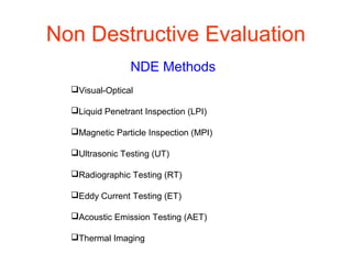 Non Destructive Evaluation
NDE Methods
Visual-Optical
Liquid Penetrant Inspection (LPI)
Magnetic Particle Inspection (MPI)
Ultrasonic Testing (UT)
Radiographic Testing (RT)
Eddy Current Testing (ET)
Acoustic Emission Testing (AET)
Thermal Imaging
 