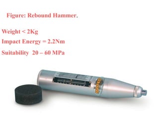 Figure: Rebound Hammer.
Weight < 2Kg
Impact Energy = 2.2Nm
Suitability 20 – 60 MPa
 