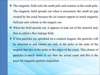  The magnetic field exits the north pole and reenters at the south pole.
The magnetic field spreads out when it encounters the small air gap
created by the crack because the air cannot support as much magnetic
field per unit volume as the magnet can.
 When the field spreads out, it appears to leak out of the material and,
thus is called a flux leakage field.
 If iron particles are sprinkled on a cracked magnet, the particles will
be attracted to and cluster not only at the poles at the ends of the
magnet, but also at the poles at the edges of the crack. This cluster of
particles is much easier to see than the actual crack and this is the
basis for magnetic particle inspection
 