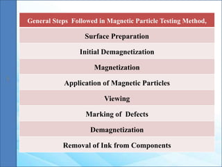 General Steps Followed in Magnetic Particle Testing Method,
Surface Preparation
Initial Demagnetization
Magnetization
Application of Magnetic Particles
Viewing
Marking of Defects
Demagnetization
Removal of Ink from Components
 