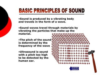 17
•Sound is produced by a vibrating body
and travels in the form of a wave.
•Sound waves travel through materials by
vibrating the particles that make up the
material.
•The pitch of the sound
is determined by the
frequency of the wave
•Ultrasound is sound
with a pitch too high
to be detected by the
human ear.
 