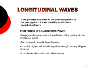 19
PROPERTIES OF LONGITUDINAL WAVES
•Propagates by compression & rarefaction of the particles in the
direction of travel
•Can propagate in solid, liquid & gases
•It has the highest velocity & longest wavelength among all types
of waves
•It has lesser attenuation than shear waves
If the particles oscillates in the direction parallel to
the propagation of wave than it is said to be a
Longitudinal wave
 