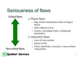4
Seriousness of flaws
Planar flaws
 May initiate catastrophic brittle or fatigue
failure
 Often difficult to find
 Cracks, incomplete fusion, inadequate
penetration
Volumetric flaws
 Loss of cross section
 Easier to find
 Pores, blowholes, inclusions, many surface
irregularities
Critical flaws
Non-critical flaws
 