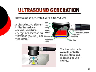 23
Ultrasound is generated with a transducer
The transducer is
capable of both
transmitting and
receiving sound
energy.
A piezoelectric element
in the transducer
converts electrical
energy into mechanical
vibrations (sound), and
vice versa.
 