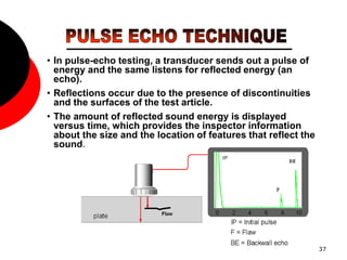 37
• In pulse-echo testing, a transducer sends out a pulse of
energy and the same listens for reflected energy (an
echo).
• Reflections occur due to the presence of discontinuities
and the surfaces of the test article.
• The amount of reflected sound energy is displayed
versus time, which provides the inspector information
about the size and the location of features that reflect the
sound.
 
