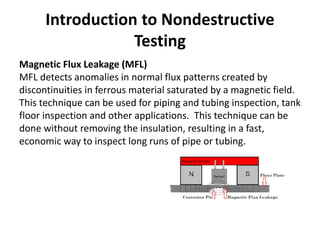 Introduction to Nondestructive
Testing
Magnetic Flux Leakage (MFL)
MFL detects anomalies in normal flux patterns created by
discontinuities in ferrous material saturated by a magnetic field.
This technique can be used for piping and tubing inspection, tank
floor inspection and other applications. This technique can be
done without removing the insulation, resulting in a fast,
economic way to inspect long runs of pipe or tubing.
 