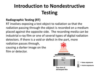 Introduction to Nondestructive
Testing
Radiographic Testing (RT)
RT involves exposing a test object to radiation so that the
radiation passing through the object is recorded on a medium
placed against the opposite side. The recording media can be
industrial x-ray film or one of several types of digital radiation
detectors. If there is a void or defect in the part, more
radiation passes through,
causing a darker image on the
film or detector.
Top view of
developed film
X-ray
film
= more exposure
= less exposure
 