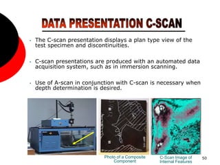 50
• The C-scan presentation displays a plan type view of the
test specimen and discontinuities.
• C-scan presentations are produced with an automated data
acquisition system, such as in immersion scanning.
• Use of A-scan in conjunction with C-scan is necessary when
depth determination is desired.
Photo of a Composite
Component
C-Scan Image of
Internal Features
 