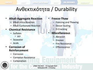 ΣΠΜΕ-TAK 2019 - © Copyright 2019 -
Hellenplan ΕΠΕ - Α.Τσιώλης
Ανθεκτικότητα / Durability
• Alkali-Aggregate Reaction
– Alkali-Silica Reaction
– Alkali-Carbonate Reaction
• Chemical Resistance
– Sulfates
• DEF
– Seawater
– Acids
• Corrosion of
Reinforcement
– Corrosion
– Corrosion Resistance
– Carbonation
• Freeze-Thaw
– Freezing and Thawing
– Deicer Scaling
– D-Cracking
• Miscellaneous
– Abrasion
– Erosion
– Fire Resistance
– Efflorescence
 