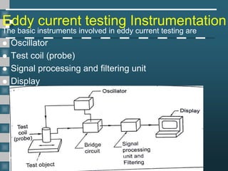 Eddy current testing Instrumentation
The basic instruments involved in eddy current testing are
 Oscillator
 Test coil (probe)
 Signal processing and filtering unit
 Display
 