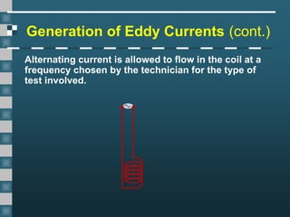 Generation of Eddy Currents (cont.)
Alternating current is allowed to flow in the coil at a
frequency chosen by the technician for the type of
test involved.
 
