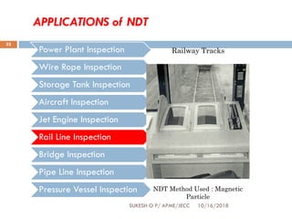 APPLICATIONS of NDT
Power Plant Inspection
Wire Rope Inspection
Storage Tank Inspection
Aircraft Inspection
Jet Engine Inspection
Rail Line Inspection
Bridge Inspection
Pipe Line Inspection
Pressure Vessel Inspection NDT Method Used : Magnetic
Particle
Railway Tracks
SUKESH O P/ APME/JECC 10/16/2018
33
 