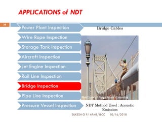 APPLICATIONS of NDT
Power Plant Inspection
Wire Rope Inspection
Storage Tank Inspection
Aircraft Inspection
Jet Engine Inspection
Rail Line Inspection
Bridge Inspection
Pipe Line Inspection
Pressure Vessel Inspection NDT Method Used : Acoustic
Emission
Bridge Cables
SUKESH O P/ APME/JECC 10/16/2018
34
 