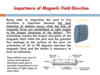 Importance of Magnetic Field Direction
Being able to magnetize the part in two
directions is important because the best
detection of defects occurs when the lines of
magnetic force are established at right angles
to the longest dimension of the defect. This
orientation creates the largest disruption of the
magnetic field within the part and the greatest
flux leakage at the surface of the part. An
orientation of 45 to 90 degrees between the
magnetic field and the defect is necessary to
form an indication.
Since defects may occur in
various and unknown
directions, each part is
normally magnetized in two
directions at right angles to
each other.
Flux Leakage
No Flux Leakage
 