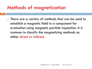 Methods of magnetization
10/13/2017SUKESH O P/ APME/JECC
31
 There are a variety of methods that can be used to
establish a magnetic field in a component for
evaluation using magnetic particle inspection. It is
common to classify the magnetizing methods as
either direct or indirect.
 