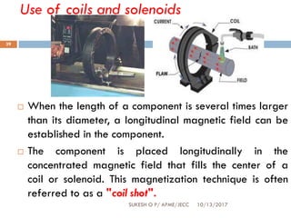 Use of coils and solenoids
10/13/2017SUKESH O P/ APME/JECC
39
 When the length of a component is several times larger
than its diameter, a longitudinal magnetic field can be
established in the component.
 The component is placed longitudinally in the
concentrated magnetic field that fills the center of a
coil or solenoid. This magnetization technique is often
referred to as a "coil shot".
 