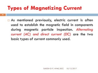 Types of Magnetizing Current
10/13/2017SUKESH O P/ APME/JECC
41
 As mentioned previously, electric current is often
used to establish the magnetic field in components
during magnetic particle inspection. Alternating
current (AC) and direct current (DC) are the two
basic types of current commonly used.
 