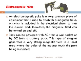 Electromagnetic Yokes
10/13/2017SUKESH O P/ APME/JECC
52
 An electromagnetic yoke is a very common piece of
equipment that is used to establish a magnetic field.
A switch is included in the electrical circuit so that
the current and, therefore, the magnetic field can
be turned on and off.
 They can be powered with AC from a wall socket or
by DC from a battery pack. This type of magnet
generates a very strong magnetic field in a local
area where the poles of the magnet touch the part
being inspected.
 