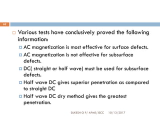 10/13/2017SUKESH O P/ APME/JECC
62
 Various tests have conclusively proved the following
information:
 AC magnetization is most effective for surface defects.
 AC magnetization is not effective for subsurface
defects.
 DC( straight or half wave) must be used for subsurface
defects.
 Half wave DC gives superior penetration as compared
to straight DC
 Half wave DC dry method gives the greatest
penetration.
 