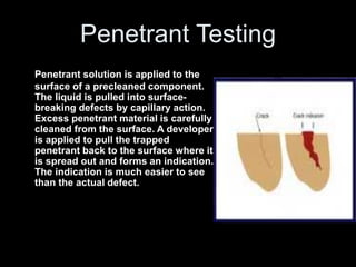 Penetrant Testing
Penetrant solution is applied to the
surface of a precleaned component.
The liquid is pulled into surface-
breaking defects by capillary action.
Excess penetrant material is carefully
cleaned from the surface. A developer
is applied to pull the trapped
penetrant back to the surface where it
is spread out and forms an indication.
The indication is much easier to see
than the actual defect.
 