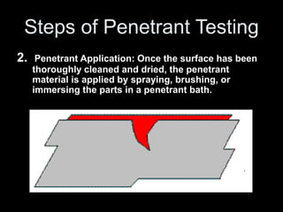 Steps of Penetrant Testing
2. Penetrant Application: Once the surface has been
thoroughly cleaned and dried, the penetrant
material is applied by spraying, brushing, or
immersing the parts in a penetrant bath.
 