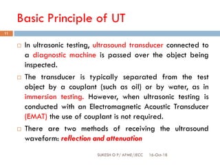 Basic Principle of UT
16-Oct-18SUKESH O P/ APME/JECC
11
 In ultrasonic testing, ultrasound transducer connected to
a diagnostic machine is passed over the object being
inspected.
 The transducer is typically separated from the test
object by a couplant (such as oil) or by water, as in
immersion testing. However, when ultrasonic testing is
conducted with an Electromagnetic Acoustic Transducer
(EMAT) the use of couplant is not required.
 There are two methods of receiving the ultrasound
waveform: reflection and attenuation
 