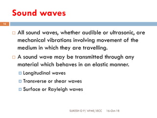 Sound waves
16-Oct-18SUKESH O P/ APME/JECC
16
 All sound waves, whether audible or ultrasonic, are
mechanical vibrations involving movement of the
medium in which they are travelling.
 A sound wave may be transmitted through any
material which behaves in an elastic manner.
 Longitudinal waves
 Transverse or shear waves
 Surface or Rayleigh waves
 