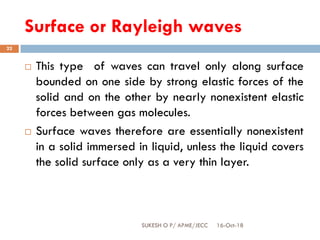 Surface or Rayleigh waves
16-Oct-18SUKESH O P/ APME/JECC
22
 This type of waves can travel only along surface
bounded on one side by strong elastic forces of the
solid and on the other by nearly nonexistent elastic
forces between gas molecules.
 Surface waves therefore are essentially nonexistent
in a solid immersed in liquid, unless the liquid covers
the solid surface only as a very thin layer.
 