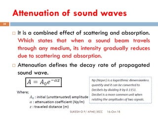 Attenuation of sound waves
16-Oct-18SUKESH O P/ APME/JECC
39
 It is a combined effect of scattering and absorption.
Which states that when a sound beam travels
through any medium, its intensity gradually reduces
due to scattering and absorption.
 Attenaution defines the decay rate of propagated
sound wave.
 