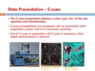 Data Presentation - C-scan
 The C-scan presentation displays a plan type view of the test
specimen and discontinuities.
 C-scan presentations are produced with an automated data
acquisition system, such as in immersion scanning.
 Use of A-scan in conjunction with C-scan is necessary when
depth determination is desired.
Photo of a Composite
Component
C-Scan Image of
Internal Features
16-Oct-18SUKESH O P/ APME/JECC
81
 