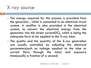 X ray source
16-Oct-18SUKESH O P/ APME/JECC
23
 The energy required for this process is provided from
the generator , which is connected to an electrical circuit
system. A rectifier is also provided in the electrical
system, to convert the electrical energy from the
generator into the direct current(DC), which is being the
adequate form to be applied to the X-ray tube.
 The quality and the quantity of the X-ray generation
are usually controlled by adjusting the electrical
parameters(such as voltage applied to the tube or
current flows through the tube) and exposure
time(usually a fraction of a second)
 