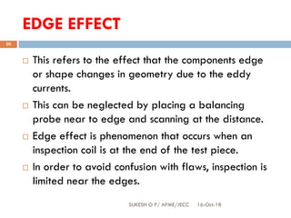 EDGE EFFECT
16-Oct-18SUKESH O P/ APME/JECC
20
 This refers to the effect that the components edge
or shape changes in geometry due to the eddy
currents.
 This can be neglected by placing a balancing
probe near to edge and scanning at the distance.
 Edge effect is phenomenon that occurs when an
inspection coil is at the end of the test piece.
 In order to avoid confusion with flaws, inspection is
limited near the edges.
 
