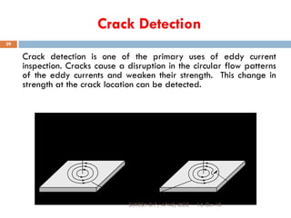 Crack Detection
Crack detection is one of the primary uses of eddy current
inspection. Cracks cause a disruption in the circular flow patterns
of the eddy currents and weaken their strength. This change in
strength at the crack location can be detected.
Magnetic Field
From Test Coil
Magnetic Field
From
Eddy Currents
Eddy Currents
Crack
16-Oct-18SUKESH O P/ APME/JECC
29
 