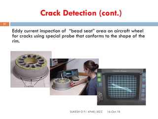 Crack Detection (cont.)
Eddy current inspection of “bead seat” area on aircraft wheel
for cracks using special probe that conforms to the shape of the
rim.
16-Oct-18SUKESH O P/ APME/JECC
31
 