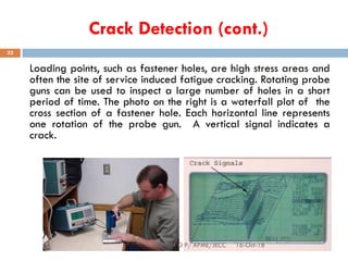 Crack Detection (cont.)
Loading points, such as fastener holes, are high stress areas and
often the site of service induced fatigue cracking. Rotating probe
guns can be used to inspect a large number of holes in a short
period of time. The photo on the right is a waterfall plot of the
cross section of a fastener hole. Each horizontal line represents
one rotation of the probe gun. A vertical signal indicates a
crack.
16-Oct-18SUKESH O P/ APME/JECC
32
 