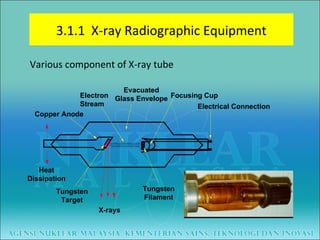 Various component of X-ray tube 3.1.1  X-ray Radiographic Equipment Copper Anode Electron Stream Evacuated Glass Envelope Focusing Cup Electrical Connection Tungsten Filament X-rays Heat Dissipation Tungsten Target 