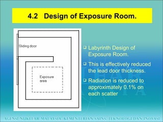 4.2  Design of Exposure Room. Labyrinth Design of Exposure Room. This is effectively reduced the lead door thickness.  Radiation is reduced to approximately 0.1% on each scatter 