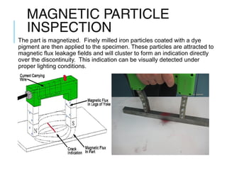 MAGNETIC PARTICLE
INSPECTION
The part is magnetized. Finely milled iron particles coated with a dye
pigment are then applied to the specimen. These particles are attracted to
magnetic flux leakage fields and will cluster to form an indication directly
over the discontinuity. This indication can be visually detected under
proper lighting conditions.

 