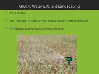 GIBc4: Water Efficient Landscaping
• 1 pt available

• 50% reduction in potable water from a baseline midsummer case

• No irrigation automatically receives the credit
 