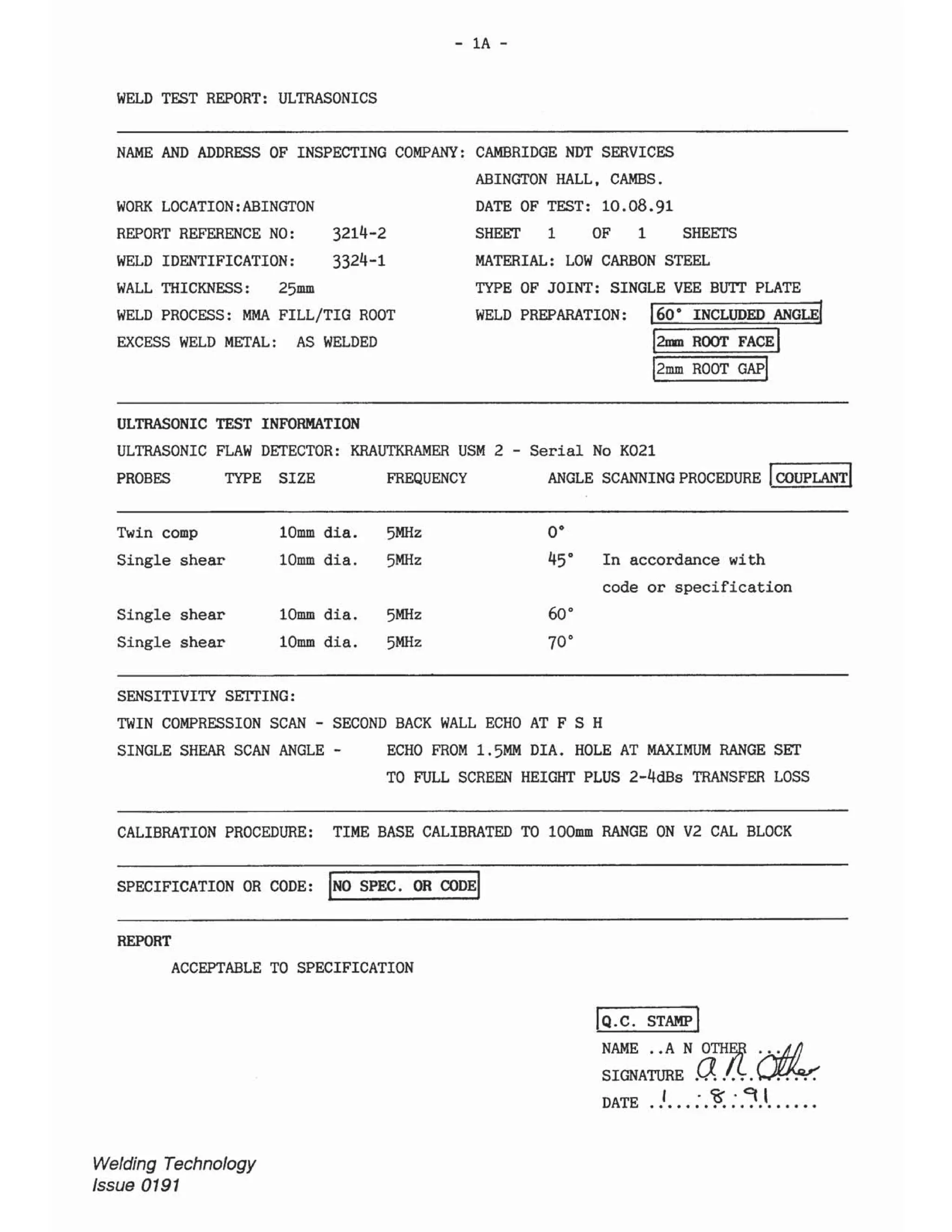 Ndt report sample and answer cswip 3.2