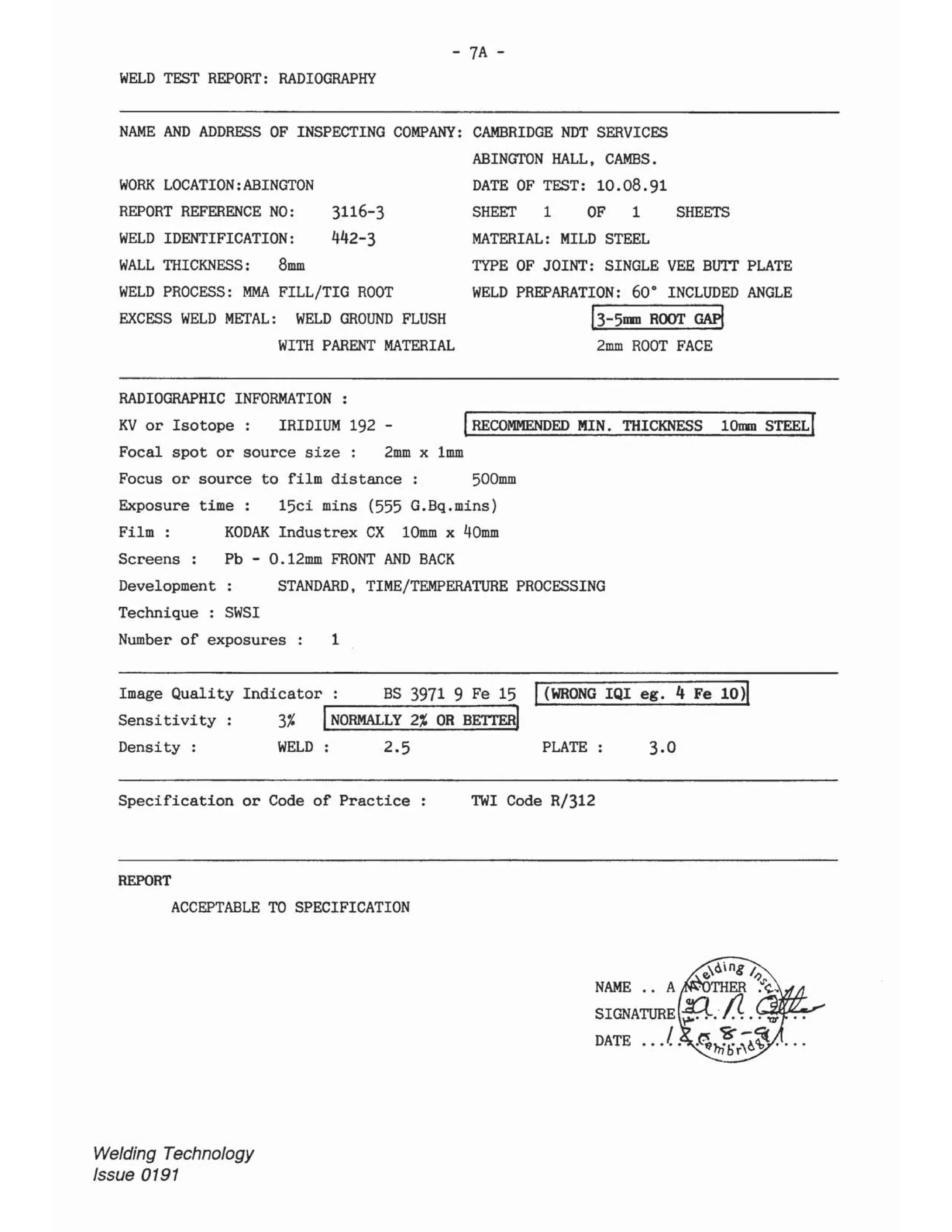 Ndt report sample and answer cswip 3.2