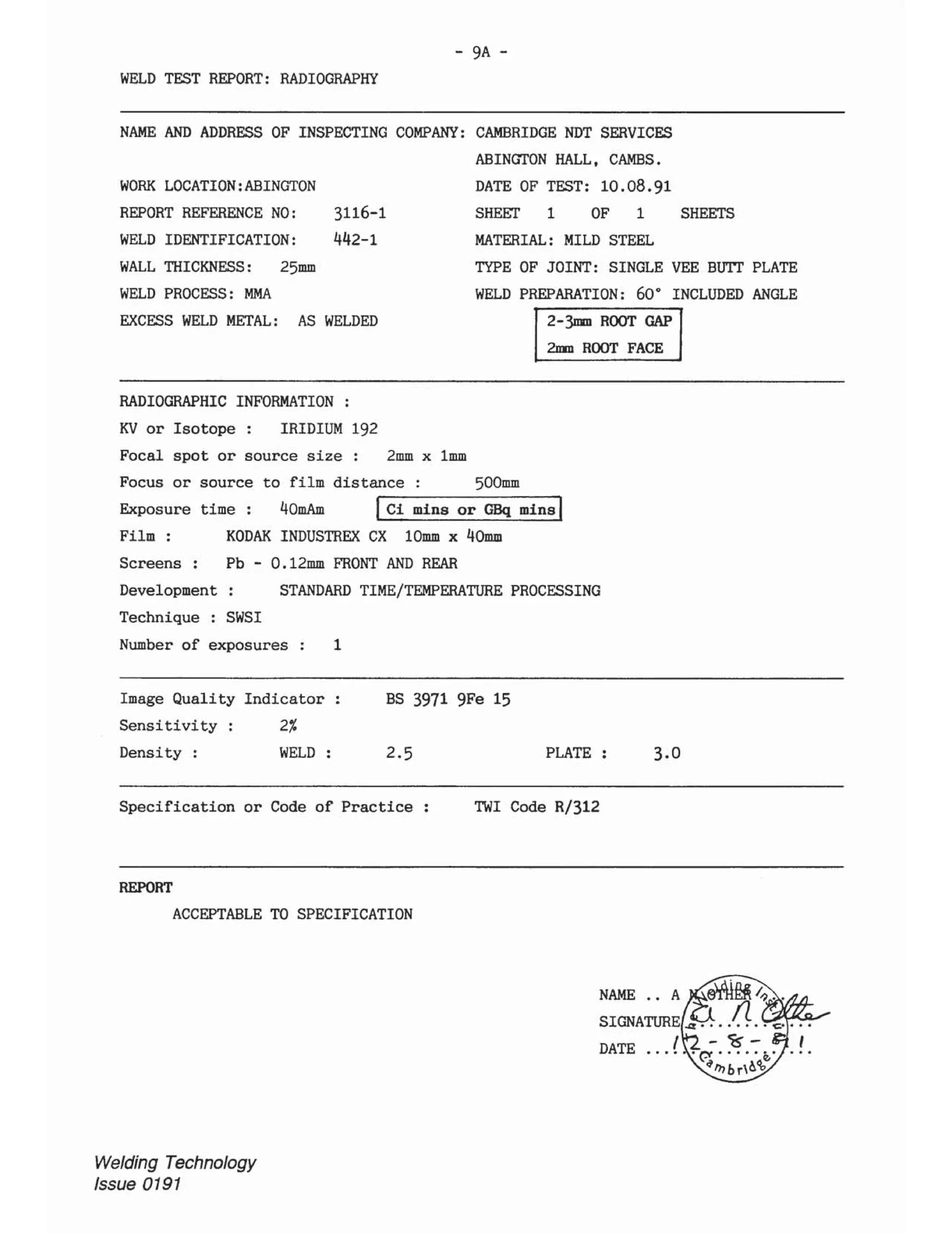 Ndt report sample and answer cswip 3.2