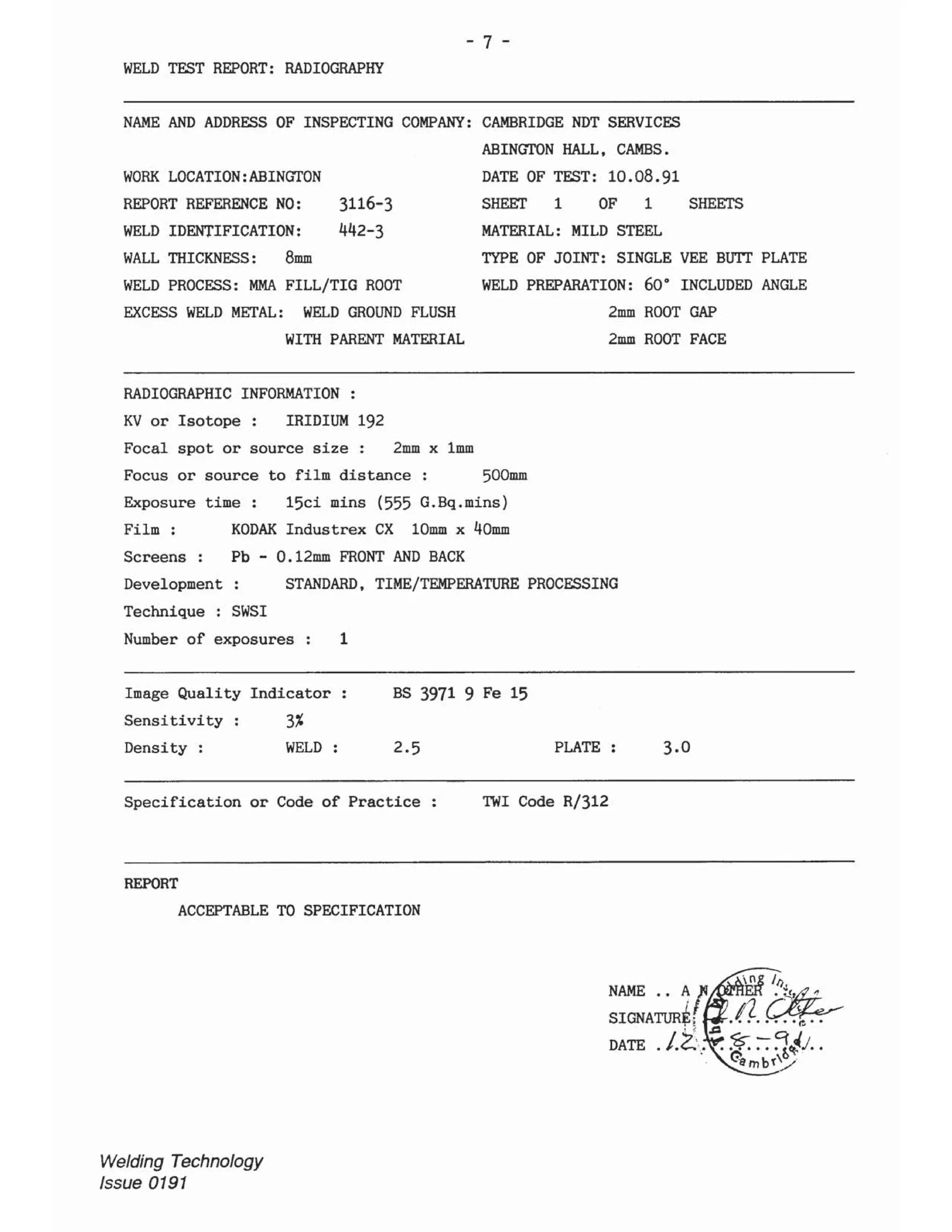 Ndt report sample and answer cswip 3.2